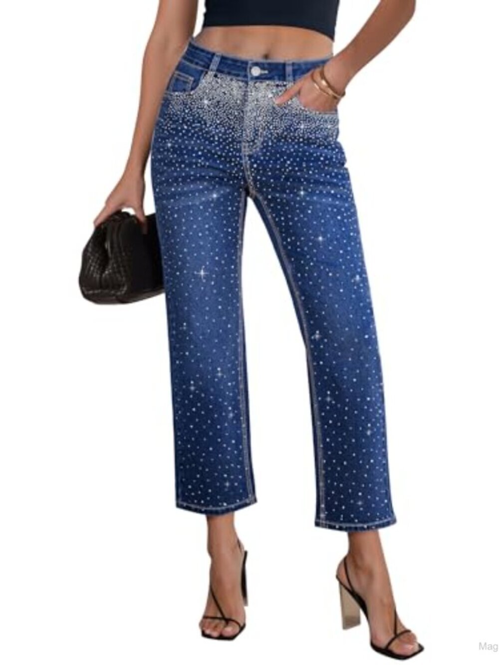 High Rise Rhinestone Embellished Jeans Women Straight Leg Concert Party Sparkly